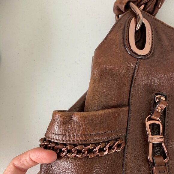 B. Makowsky Leather Rose Gold Purse Satchel Brown Chain Detail Alice Nappa - Picture 2 of 8